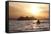 USA, Washington State, Seattle. Two-person sea kayak in Elliott Bay at sunset.-Merrill Images-Framed Stretched Canvas