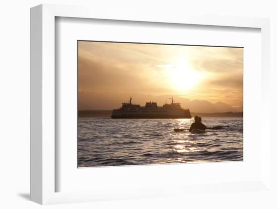 USA, Washington State, Seattle. Two-person sea kayak in Elliott Bay at sunset.-Merrill Images-Framed Photographic Print