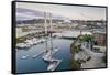 USA, Washington State, Tacoma. Thea Foss Waterway, marina and cable-stayed SR 509 bridge.-Merrill Images-Framed Stretched Canvas