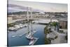 USA, Washington State, Tacoma. Thea Foss Waterway, marina and cable-stayed SR 509 bridge.-Merrill Images-Stretched Canvas
