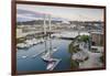 USA, Washington State, Tacoma. Thea Foss Waterway, marina and cable-stayed SR 509 bridge.-Merrill Images-Framed Photographic Print