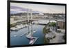 USA, Washington State, Tacoma. Thea Foss Waterway, marina and cable-stayed SR 509 bridge.-Merrill Images-Framed Photographic Print