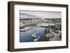 USA, Washington State, Tacoma. Thea Foss Waterway, marina and cable-stayed SR 509 bridge.-Merrill Images-Framed Photographic Print