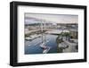 USA, Washington State, Tacoma. Thea Foss Waterway, marina and cable-stayed SR 509 bridge.-Merrill Images-Framed Photographic Print