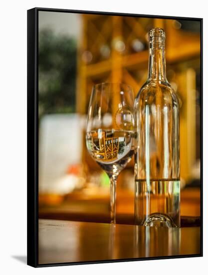 USA, Washington State, Yacolt. Wine and glass reflection.-Richard Duval-Framed Stretched Canvas