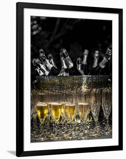 USA, Washington, Woodinville. Sparkling wine bottles and glasses ready for tasting at a wine event.-Richard Duval-Framed Photographic Print