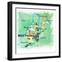 USA West Virginia State Travel Poster Map With Highlights And FavoritesL-M. Bleichner-Framed Art Print