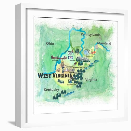 USA West Virginia State Travel Poster Map With Highlights And FavoritesL-M. Bleichner-Framed Art Print