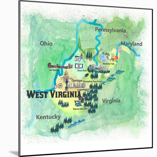 USA West Virginia State Travel Poster Map With Highlights And FavoritesL-M. Bleichner-Mounted Art Print