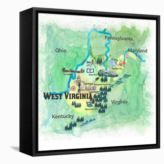 USA West Virginia State Travel Poster Map With Highlights And FavoritesL-M. Bleichner-Framed Stretched Canvas