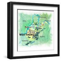 USA West Virginia State Travel Poster Map With Highlights And FavoritesL-M. Bleichner-Framed Art Print