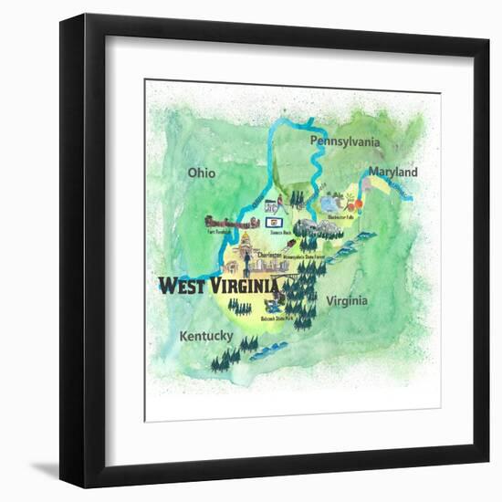 USA West Virginia State Travel Poster Map With Highlights And FavoritesL-M. Bleichner-Framed Art Print