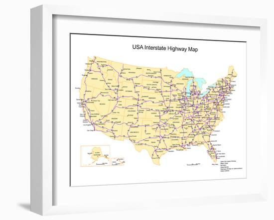 Usa With Interstate Highways, States And Names-Bruce Jones-Framed Art Print