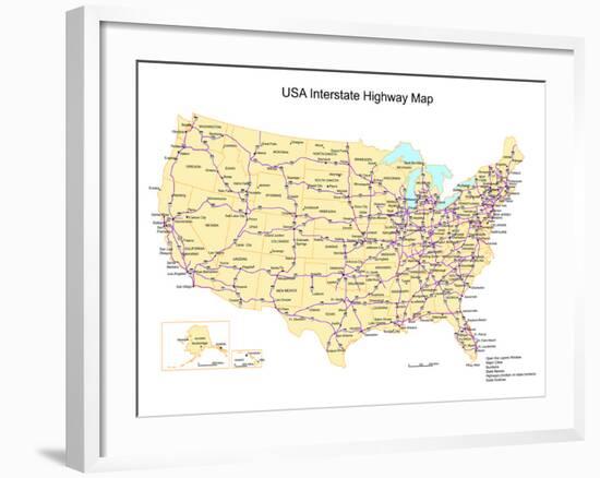 Usa With Interstate Highways, States And Names-Bruce Jones-Framed Art Print