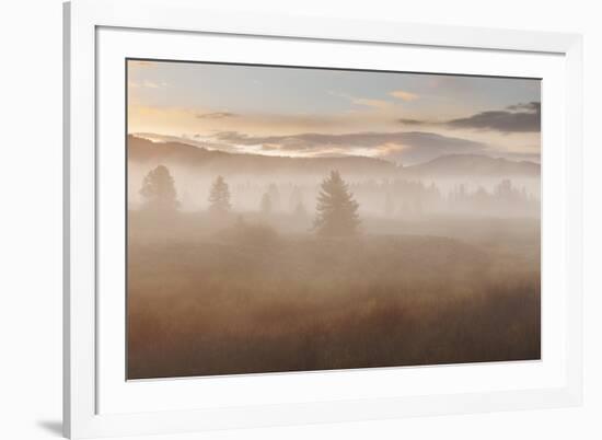 USA, Wyoming, Grand Teton National Park. Foggy sunrise on landscape.-Jaynes Gallery-Framed Photographic Print