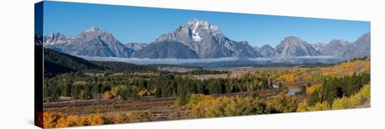 USA, Wyoming. Mount Moran and autumn aspens at the Oxbow, Grand Teton National Park.-Judith Zimmerman-Stretched Canvas