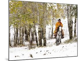 USA, Wyoming, Shell, Big Horn Mountains, Cowboys riding through with fresh snowfall-Terry Eggers-Mounted Photographic Print