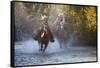 USA, Wyoming, Shell, The Hideout Ranch, Cowboy and Cowgirl on Horseback Running through the River-Hollice Looney-Framed Stretched Canvas