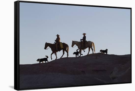 USA, Wyoming, Shell, The Hideout Ranch, Cowboys, Horses and Dogs in Early Light-Hollice Looney-Framed Stretched Canvas