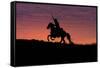 USA, Wyoming, Shell, The Hideout Ranch, Silhouette of Cowboy and Horse at Sunset-Hollice Looney-Framed Stretched Canvas