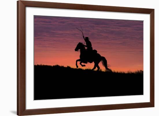 USA, Wyoming, Shell, The Hideout Ranch, Silhouette of Cowboy and Horse at Sunset-Hollice Looney-Framed Photographic Print