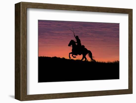 USA, Wyoming, Shell, The Hideout Ranch, Silhouette of Cowboy and Horse at Sunset-Hollice Looney-Framed Photographic Print