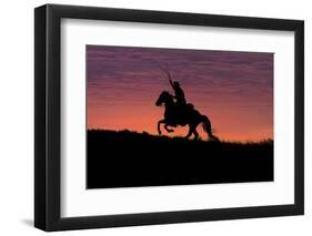 USA, Wyoming, Shell, The Hideout Ranch, Silhouette of Cowboy and Horse at Sunset-Hollice Looney-Framed Photographic Print