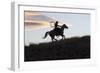 USA, Wyoming, Shell, The Hideout Ranch, Silhouette of Cowgirl with Horse at Sunset-Hollice Looney-Framed Photographic Print