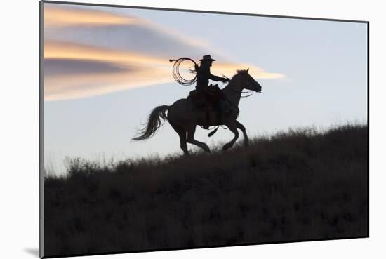 USA, Wyoming, Shell, The Hideout Ranch, Silhouette of Cowgirl with Horse at Sunset-Hollice Looney-Mounted Photographic Print