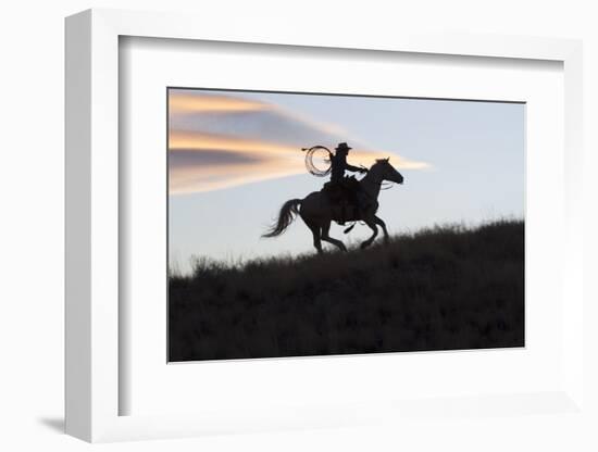 USA, Wyoming, Shell, The Hideout Ranch, Silhouette of Cowgirl with Horse at Sunset-Hollice Looney-Framed Photographic Print