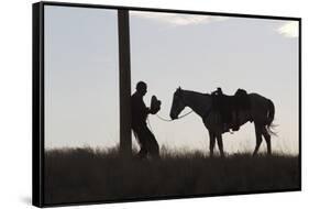 Usa, Wyoming, Shell, The Hideout Ranch, Silhouette of Man and Horse at Sunset-Hollice-Framed Stretched Canvas