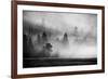 USA, Wyoming, Yellowstone National Park. Early morning fog with light rays through the trees.-Cindy Miller Hopkins-Framed Photographic Print