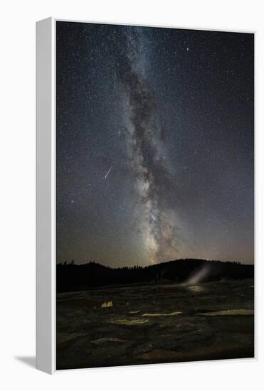 USA, Wyoming, Yellowstone National Park. Meteor streaks across Milky Way.-Jaynes Gallery-Framed Stretched Canvas