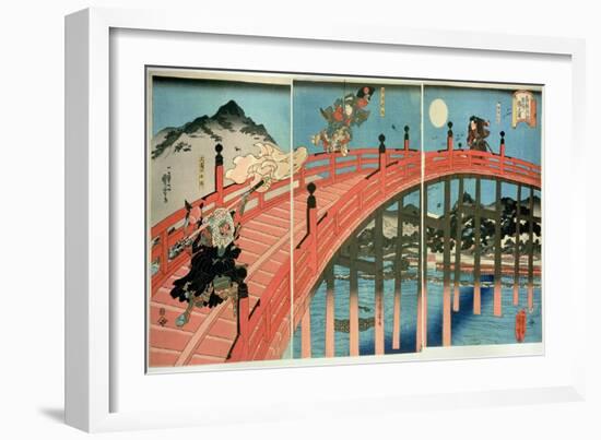 Ushiwaka and Benkei Fighting on Gojo Bridge, Published C.1839 (Colour Woodblock Print)-Kuniyoshi Utagawa-Framed Giclee Print