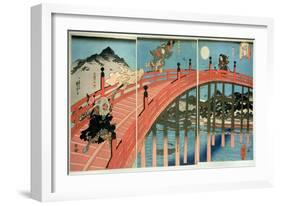 Ushiwaka and Benkei Fighting on Gojo Bridge, Published C.1839 (Colour Woodblock Print)-Kuniyoshi Utagawa-Framed Giclee Print