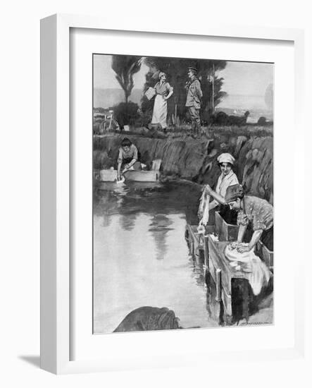 Using a Shell Hole as a Wash-Tub, WW1-W. Hatherell-Framed Art Print