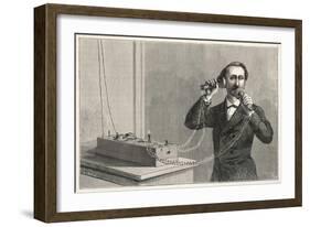 Using Bell's Original Telephone Apparatus-null-Framed Art Print