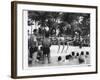 USO Chorus Girls Doing High-Kicks in Swimsuits During Impromptu Song and Dance on Beach-Peter Stackpole-Framed Premium Photographic Print