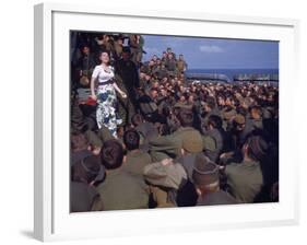 Uso Performer Entertaining a Crowd of Soldiers Aboard a Troop Transport Ship-Carl Mydans-Framed Photographic Print