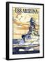 USS Arizona Battleship - Sunset Scene-Lantern Press-Framed Art Print