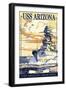 USS Arizona Battleship - Sunset Scene-Lantern Press-Framed Art Print