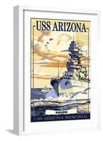 USS Arizona Battleship - Sunset Scene-Lantern Press-Framed Art Print