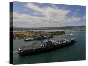 USS Carl Vinson Passes the USS Missouri Memorial in Pearl Harbor-Stocktrek Images-Stretched Canvas