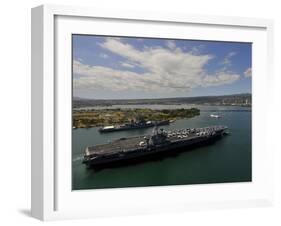 USS Carl Vinson Passes the USS Missouri Memorial in Pearl Harbor-Stocktrek Images-Framed Photographic Print