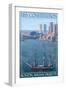 USS Constitution and Boston Skyline-Lantern Press-Framed Art Print