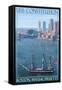 USS Constitution and Boston Skyline-Lantern Press-Framed Stretched Canvas