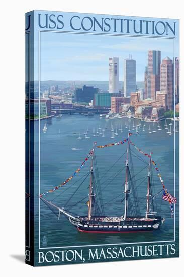 USS Constitution and Boston Skyline-Lantern Press-Stretched Canvas