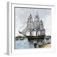 USS "Constitution" Being Towed Out of Boston Harbor, 1812-null-Framed Giclee Print