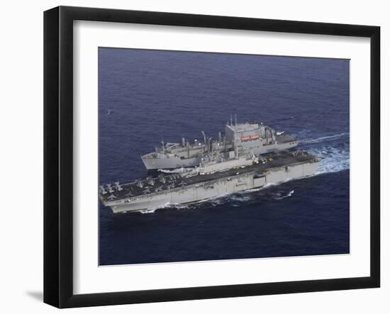 USS Kearsarge Pulls Alongside USNS Lewis and Clark for a Replenishment at Sea-Stocktrek Images-Framed Photographic Print