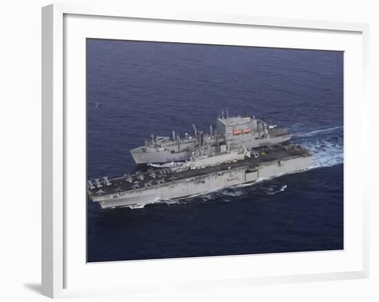 USS Kearsarge Pulls Alongside USNS Lewis and Clark for a Replenishment at Sea-Stocktrek Images-Framed Photographic Print